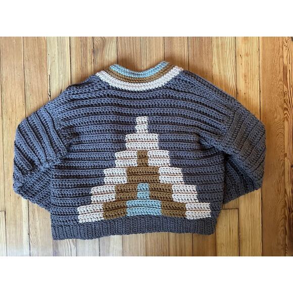 NWOT Handmade Chunky Crochet Knit Gray Green Blue Brown Long Sleeve Sweater OS - Picture 6 of 10